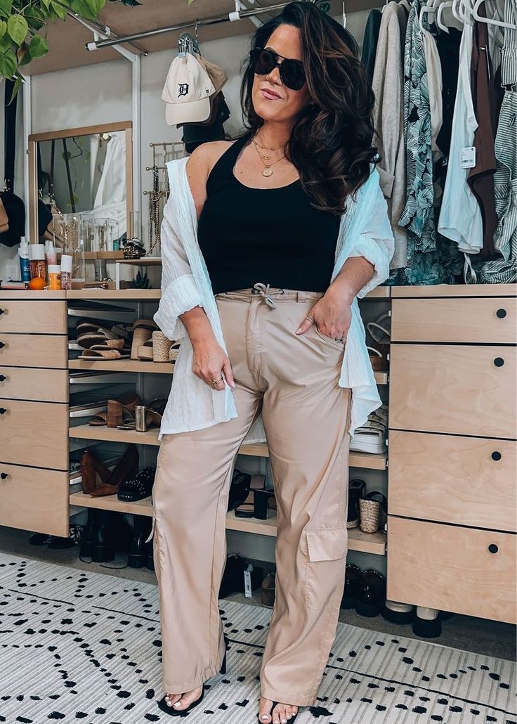 Midsize casual summer outfit inspo - black tank size 14 - trousers size 14 - white button down size 14 #LTKstyletip #LTKSeasonal #LTKcurves How To Style Tank Tops, Girl Cargo Pants, Black Trouser Outfit, Midsize Casual, Midsize Fashion Summer, Thick Strap Tank Top, Girls Cargo Pants, Midsize Fashion, Summer Outfits For Moms