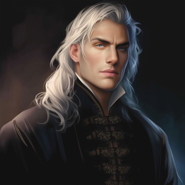 the white haired man with long hair is dressed in black