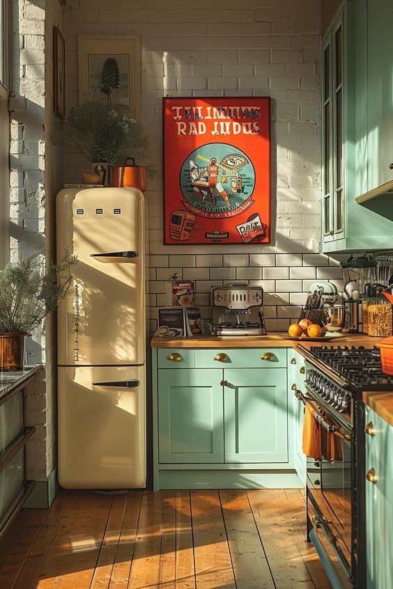 an old fashioned refrigerator in a kitchen with blue cabinets and wood flooring on the walls