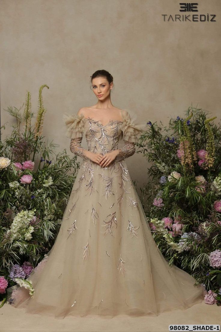 Tarik Ediz Evening Dress Tarik Ediz: 98082 - Shade Long Fitted Dresses, Tarik Ediz, A Line Evening Dress, Trumpet Gown, Terani Couture, Long Sleeve Gown, Evening Dresses For Weddings, Off Shoulder Fashion, Mermaid Gown