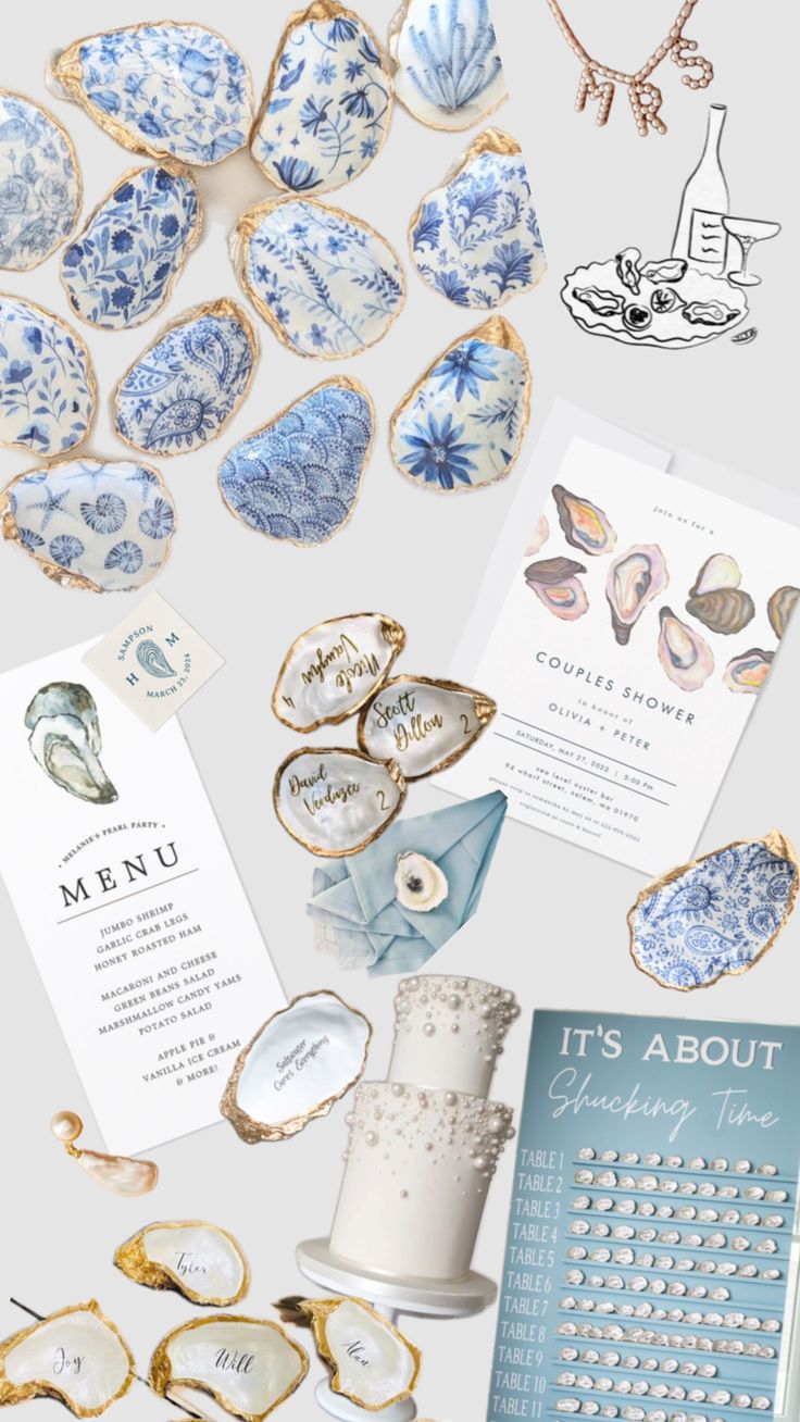 an assortment of blue and white plates, brochures, and other decorative items