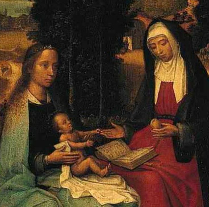 the virgin and child with an infant in their lap, surrounded by two other people