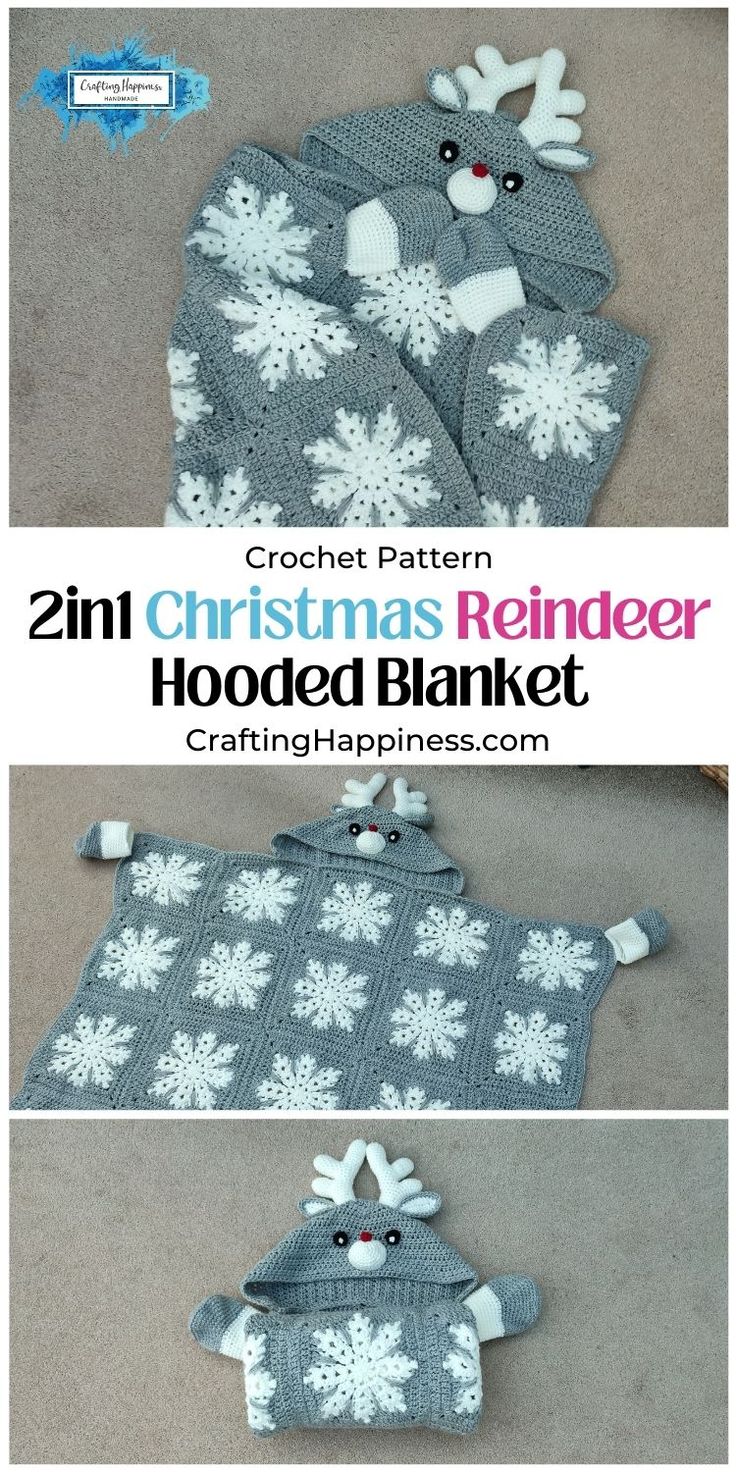 crochet christmas reindeer hooded blanket pattern is shown