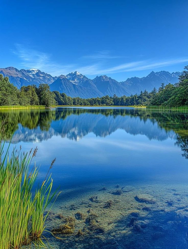 a lake with mountains in the background and grass on the shore, surrounded by trees