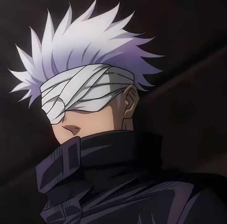 an anime character with white hair and purple eyes looks off to the side in front of a dark background