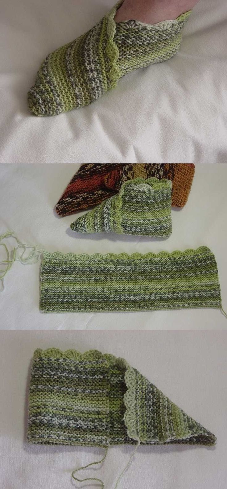 two pictures showing the same pair of knitted mittens and gloves, one in green