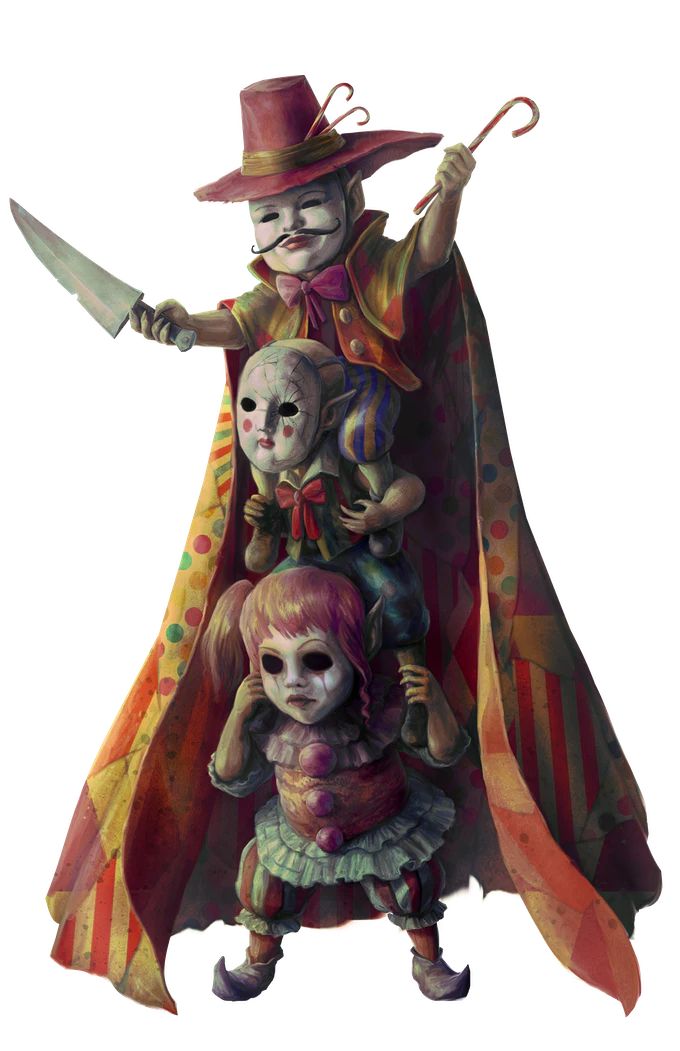 a drawing of a clown with two children on his shoulders and one holding a knife in the other's hand