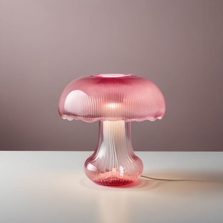 a pink lamp sitting on top of a white table