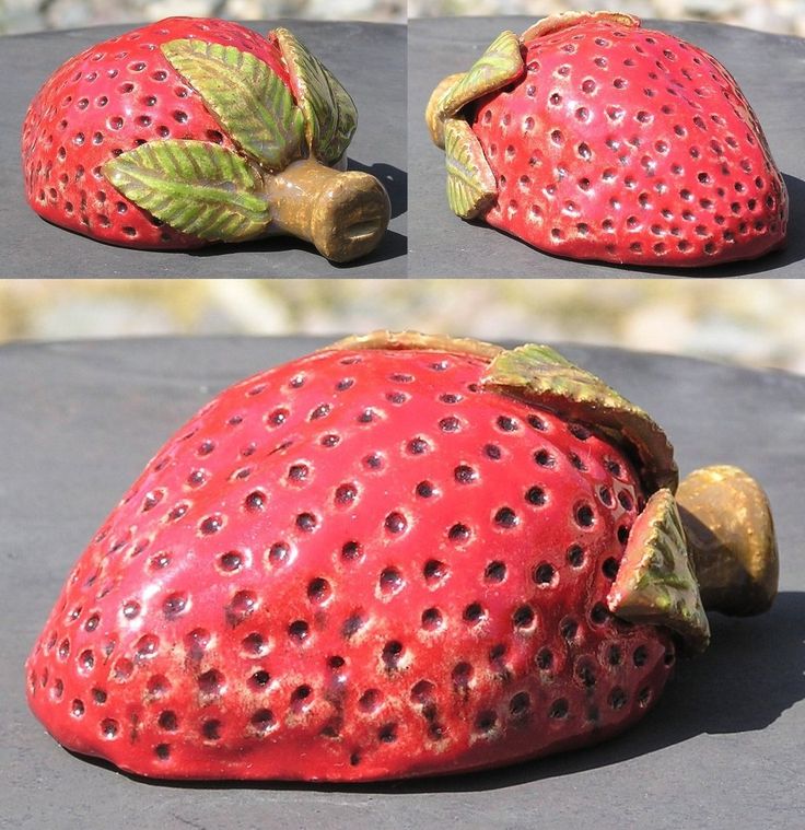 two pictures of a strawberry with leaves on it's back and the top half showing