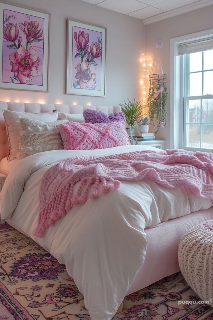 a large bed with pink blankets and pillows in a bedroom next to two pictures on the wall