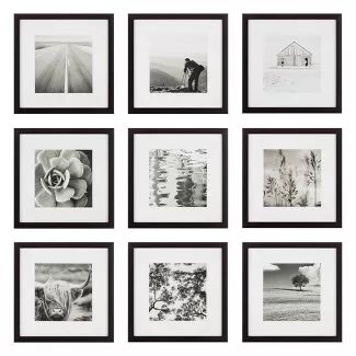 six black and white photographs hanging on the wall in front of each other's frames