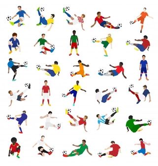 a large group of people playing soccer on a white background, all in different colors