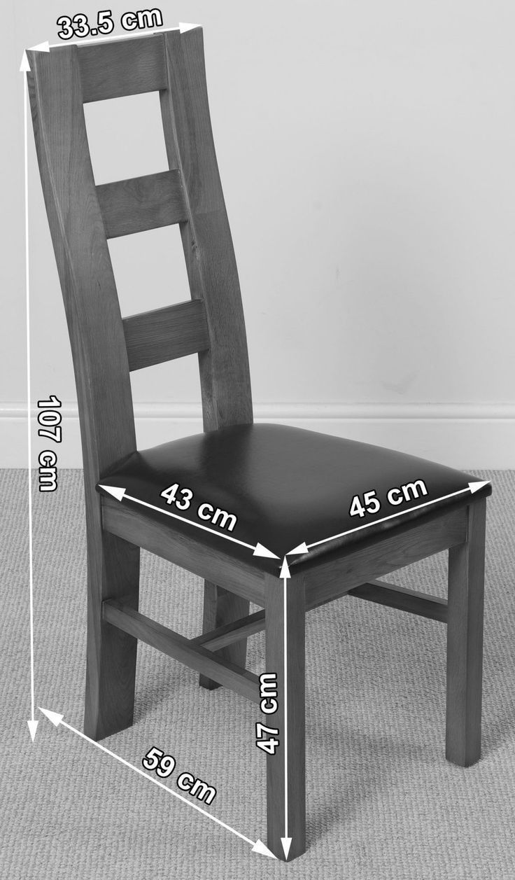 a wooden chair with measurements for the seat and back side, in front of a white wall