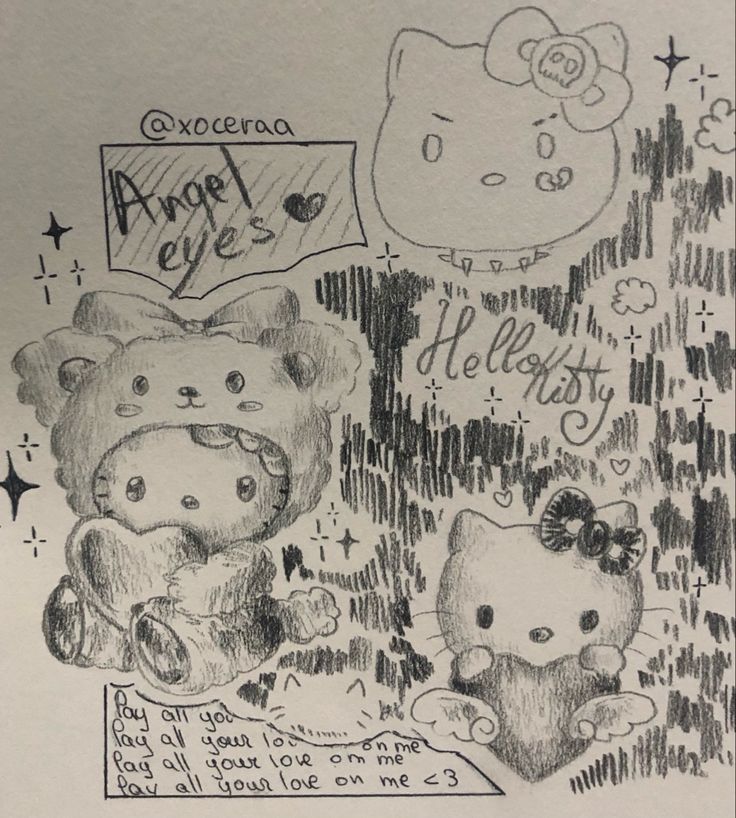 a drawing of two teddy bears and a hello kitty