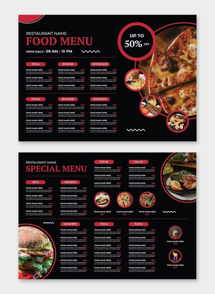 a black and red restaurant menu with food items on the front, side and back