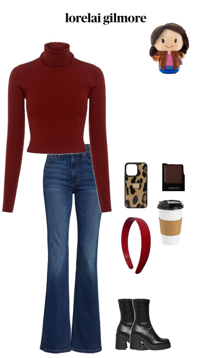 Aesthetic, Lorelei Gilmore outfit inspiration to Gilmore girls, cozy, full outfit, inspiration Gilmore Girls Clothing, Lorelai Gilmore Style, England Outfits, Rory Gilmore Style, Gilmore Girls Fashion, Lorelei Gilmore, Gilmore Girls Outfits, 90’s Outfits, Flare Jeans Outfit