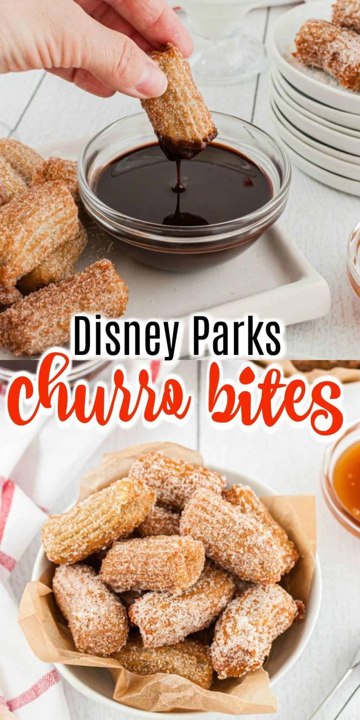 disney parks churro bites with dipping sauce in the middle and on plates next to them