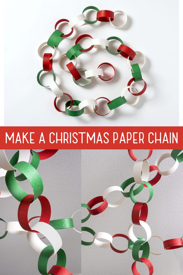 christmas paper chains hanging from the ceiling with red, green and white ribbons on them