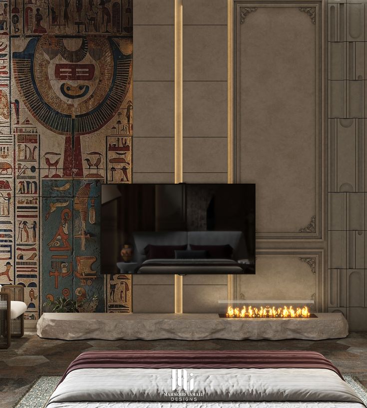 an egyptian themed bedroom with a bed and television on the wall, in front of a painting