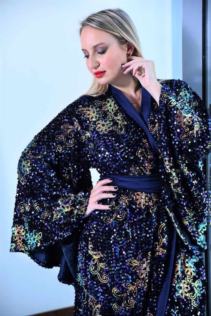 Plus size Sequin velvet robe Elegant Maxi Length Robe For Party, Elegant Maxi Length Party Robe, Elegant Maxi Length Party Kimono, Blue Party Dress With Kimono Sleeves, Luxury Long Sleeve Evening Kimono, Dress With Wide Sleeves, Sequin Wrap Dress, Copper Dress, Bath Routine