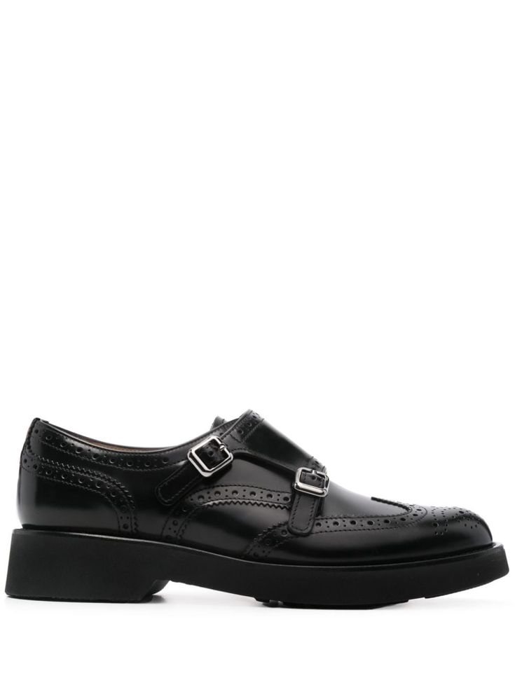 black calf leather brushed effect punch-hole detailing perforated embellishment panelled design round toe monk strap branded insole contrast lining flat rubber sole side buckle fastening Business Clothes, Chanel 2, Loafer Mules, Iconic Bags, Summer Beach Wear, Flat Boots, Monk Strap, Ballet Flat Shoes, Pump Sandals