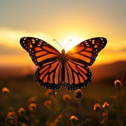 a butterfly sitting on top of a flower at sunset