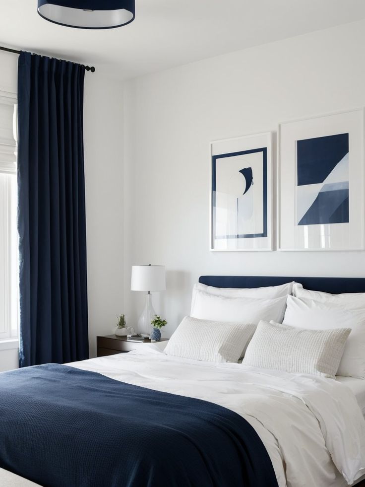 a bedroom with white walls and blue drapes on the window sill, along with two framed pictures above the bed