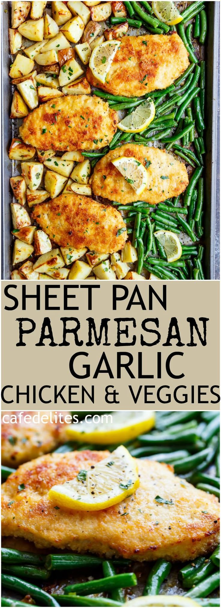 sheet pan parmesan garlic chicken and veggies with text overlay that reads sheet pan parmesan garlic chicken and veggies