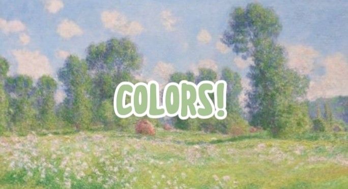 the words colors are written in front of a painting of trees and grass on a sunny day