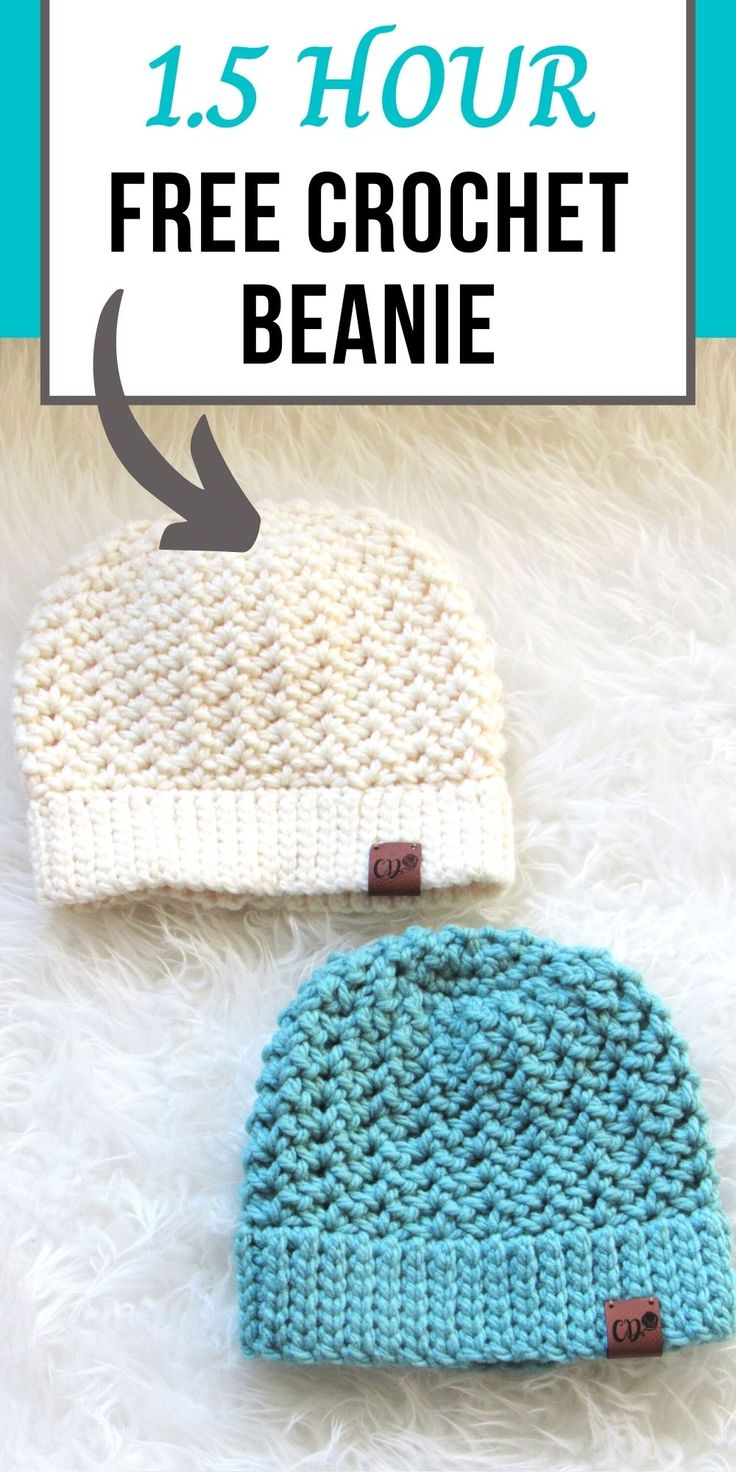 two crocheted hats sitting on top of a white furnishing area with text overlay that says, 15 hour free crochet hat crazy easy