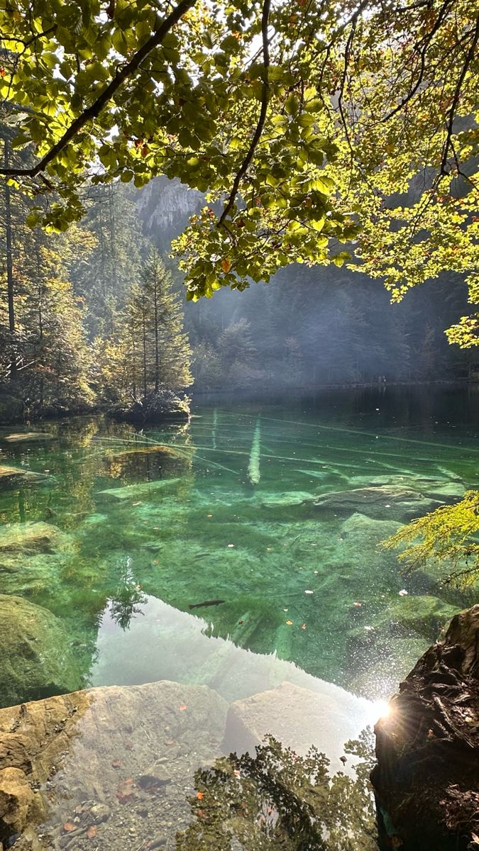 the water is crystal green and clear in this photo, it looks like there are rocks on the shore