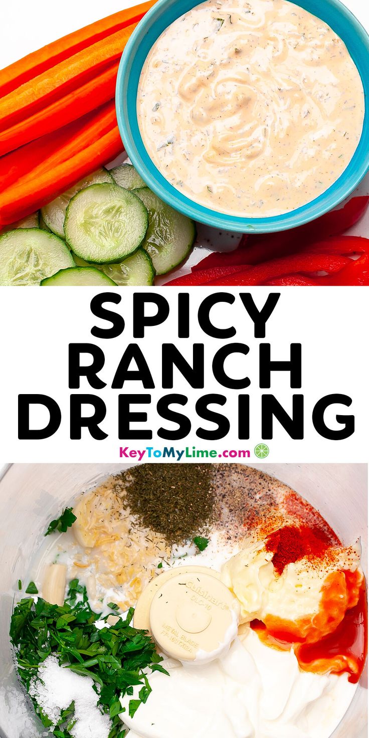 the ingredients to make spicy ranch dressing are shown in bowls and on top of each other