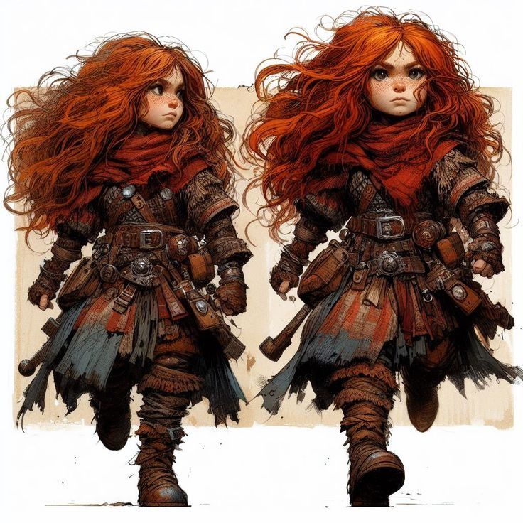 a drawing of a woman with red hair wearing armor and holding two swords in her hands