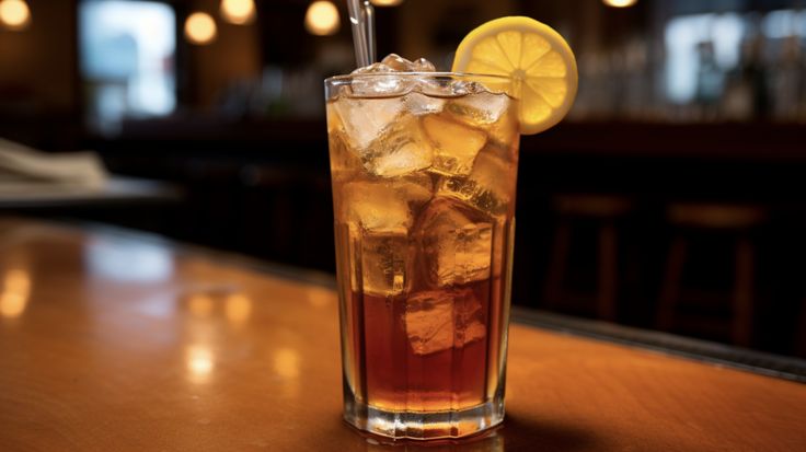 a tall glass filled with ice and a lemon wedge on top of a wooden table