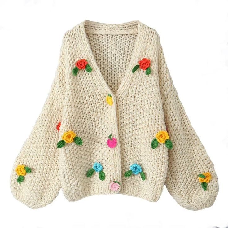 Bohemian Soft Knit Outerwear, Spring Beige Acrylic Cardigan, Bohemian Soft Knit Cardigan, Cute Crochet Sweater For Spring, Cute Chunky Knit Sweater For Spring, Spring Crochet Acrylic Sweater, Spring Acrylic Crochet Sweater, Bohemian Long Sleeve Chunky Knit Cardigan, Bohemian Chunky Knit Long Sleeve Cardigan