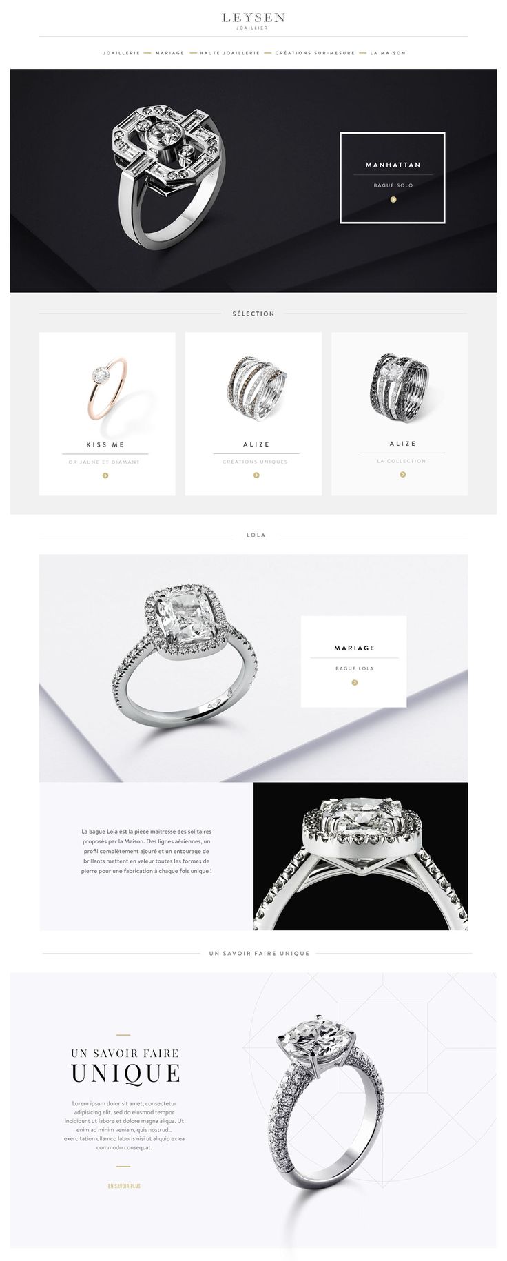 the website for jewelry store is displayed in white and black colors, including an elegant diamond ring