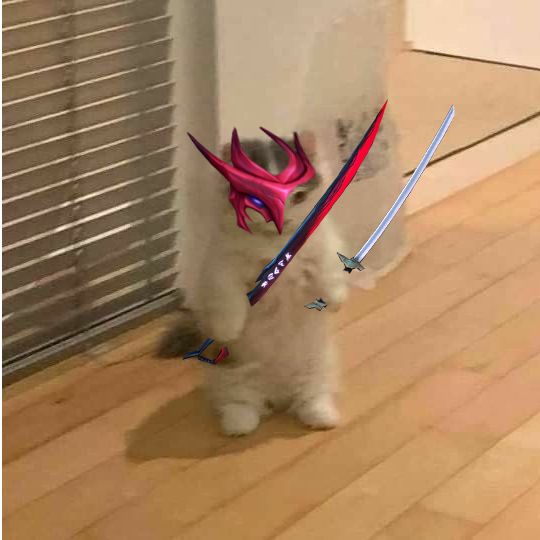 a small white dog with pink horns on it's head and two swords in its mouth