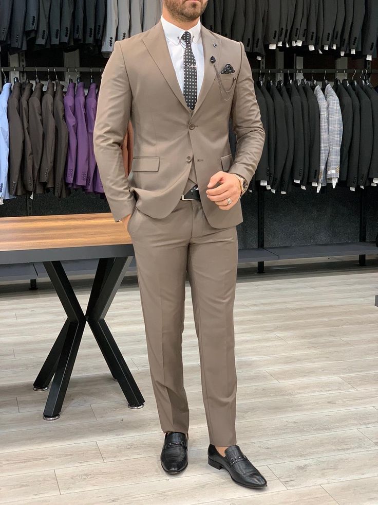 Verona Coffee Slim Fit Wool Suit | VICLAN Men Suits For Wedding Groom, Coffee Suit Men, Groom Pant Coat, Mens Suits Outfits, Coat Pant For Groom, Suit For Wedding Mens, Groom Coat Pent Wedding, Mens Outfit For Wedding, Coat Pants For Men