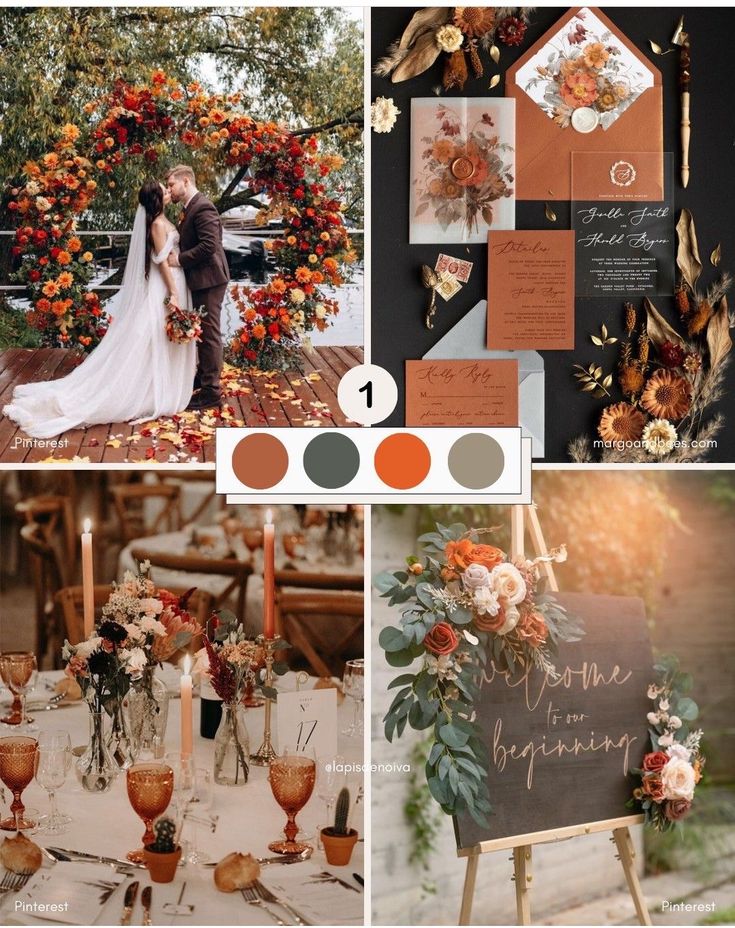 the wedding color scheme is orange and brown