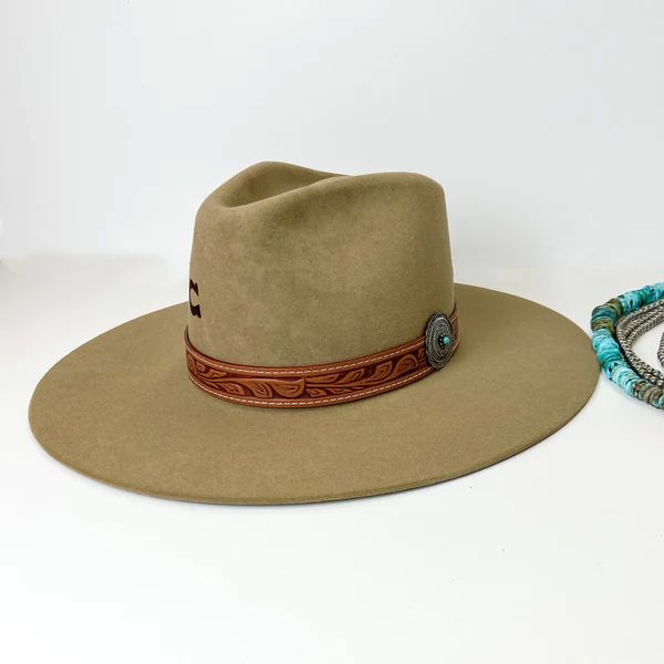 Charlie 1 Horse | Lori Wool Felt Hat with Leather Tooled Band and Silver Concho in Fawn Brown M | Trendy pieces for all shapes and sizes. Western Wool Hat Bands, Southwestern Wide Brim Felt Hat For Western-themed Events, Western Style Wide Brim Felt Hat For Fall, Fall Ranch Felt Hat With Curved Brim, Fall Felt Hat With Flat Brim For Ranch, Fall Ranch Felt Hat With Short Brim, Southwestern Felt Hat With Short Brim For Ranch, Fur Felt Hat For Rodeo In Fall, Country Style Felt Hat With Short Brim