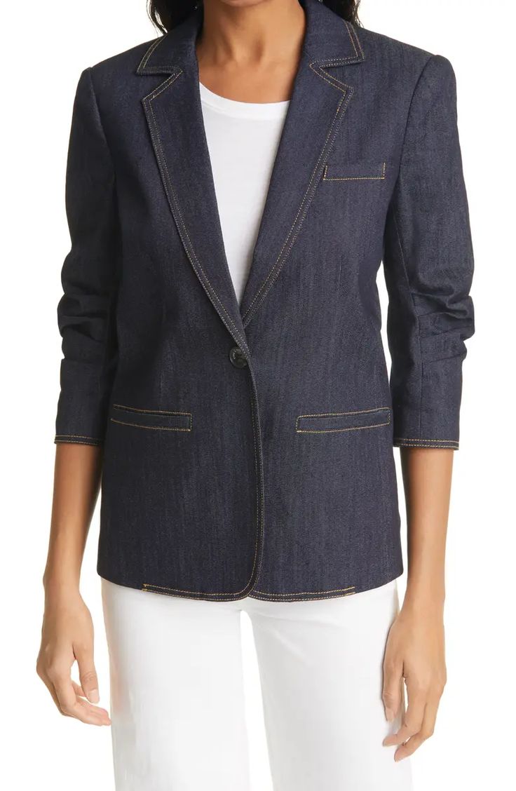 Cinq à Sept Khloe Ruched Sleeve Denim Blazer | Nordstrom Fall Fashion Staples, Ruched Sleeve, Denim Blazer, Tailored Blazer, Womens Blazers, Long Sleeve Blazers, Grey Denim, Blazer Outfits, Leather Blazer