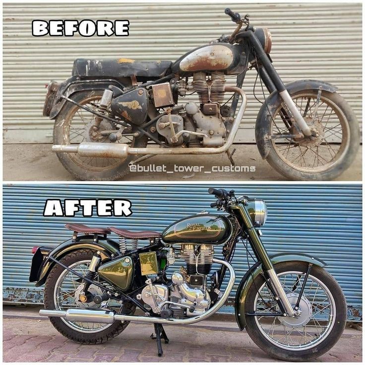 before and after photos of an old motorcycle