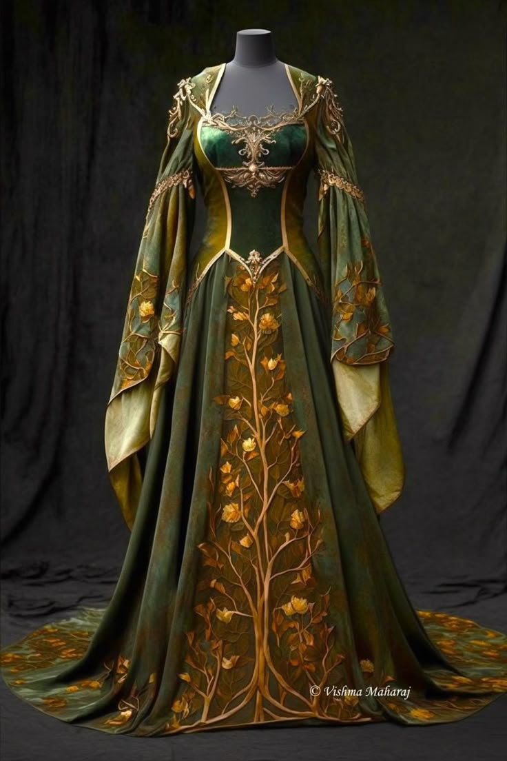 Fantasy Clothing Drawing, Gaun Abad Pertengahan, Clothing Drawing, Elf Dress, Gold Gown, Wood Elf, Fantasy Dresses, Crisp Autumn, Medieval Clothing