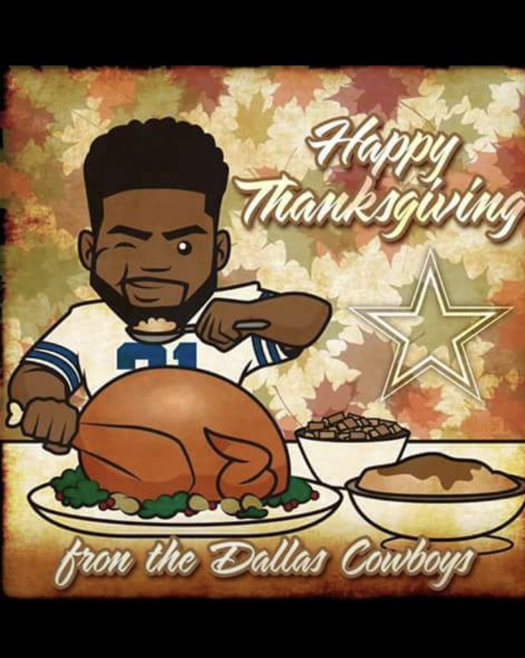 happy thanksgiving from the dallas cowboys with a turkey and other foods on a plate in front of him