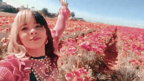 a woman standing in a field with pink flowers on the ground and holding her hand up