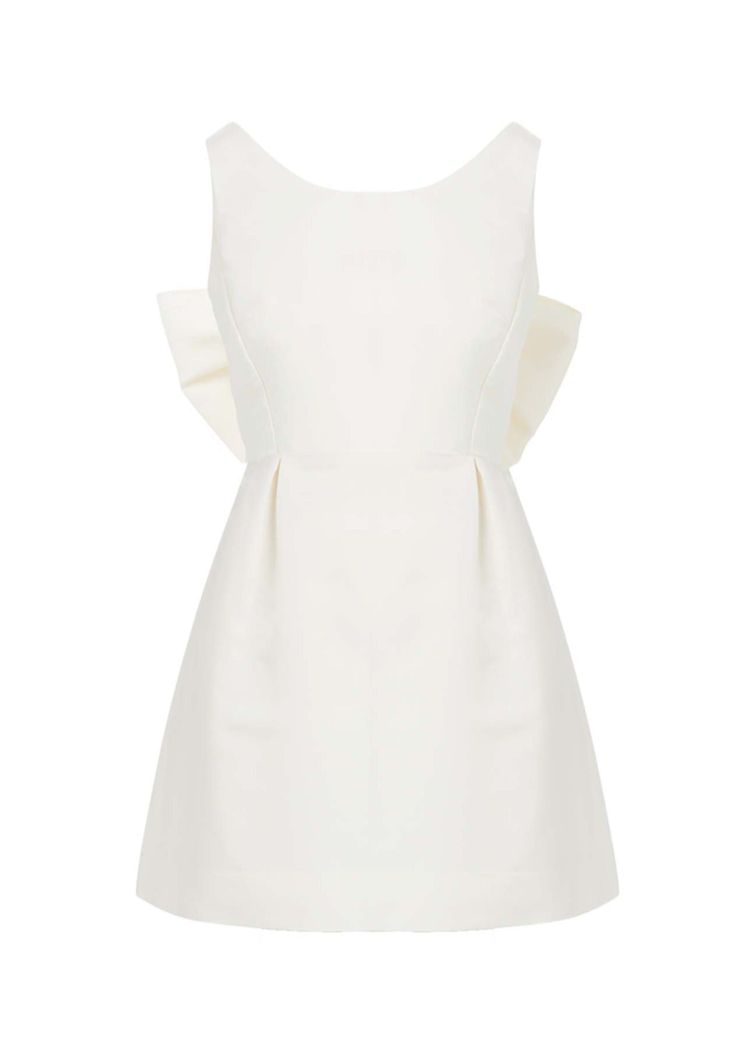 a white dress with ruffles on the front and back, sitting against a white background