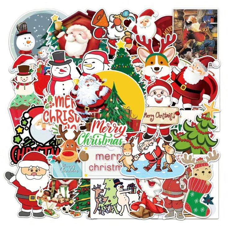 christmas stickers with santa claus and other holiday decorations