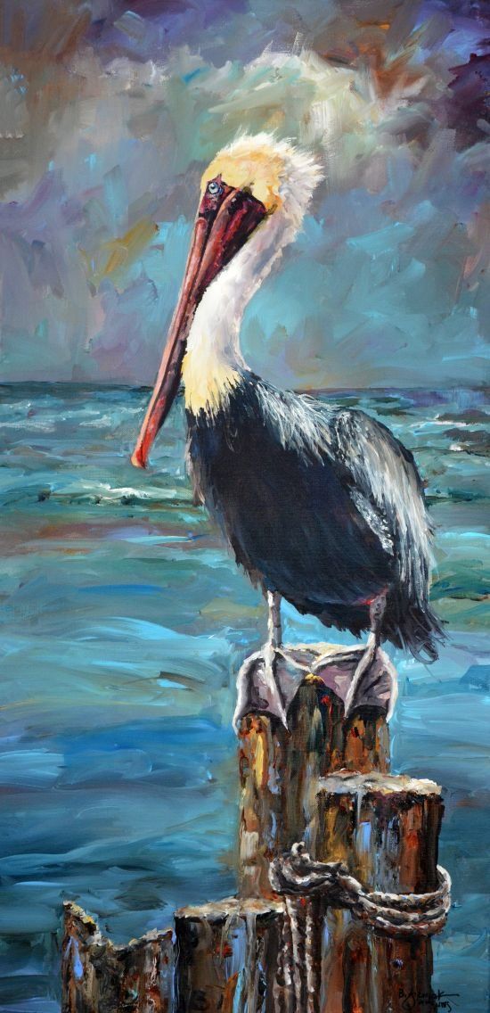 a painting of a pelican sitting on a post in the water by itself