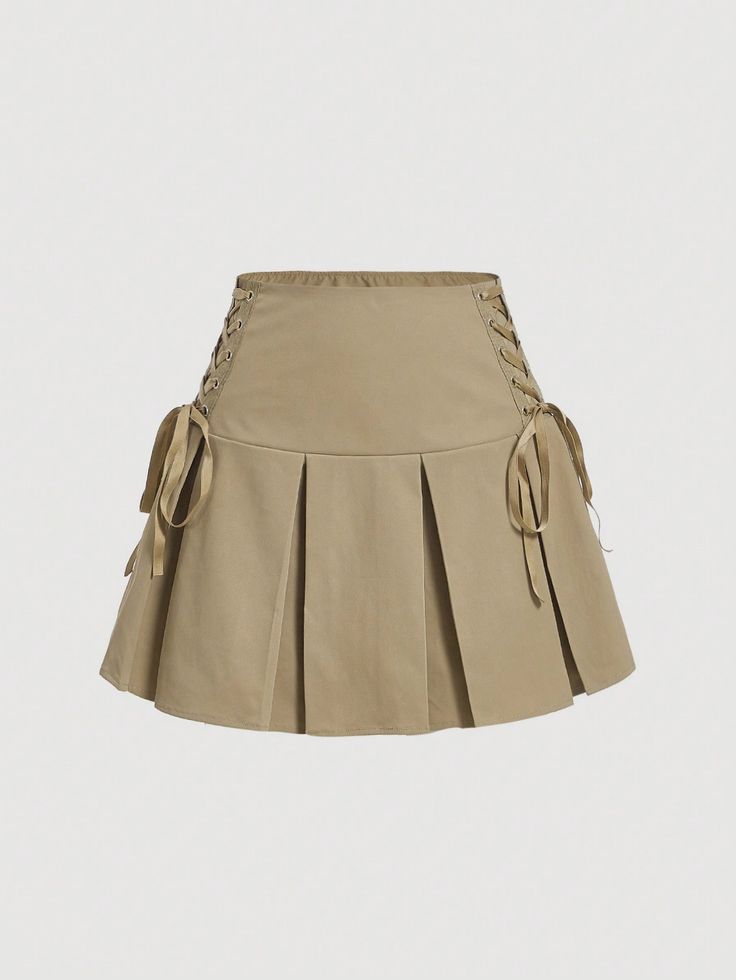 Lace Up Side Pleated Skirt Khaki Casual   Woven Fabric Plain Pleated Non-Stretch  Women Clothing, size features are:Bust: ,Length: ,Sleeve Length: Pleaded Skirt, Fashion Illustrations Techniques, Khaki Skirt, Silk Stockings, Normal Clothes, Really Cute Outfits, Cute Skirts, Pleated Skirt, Women Clothing