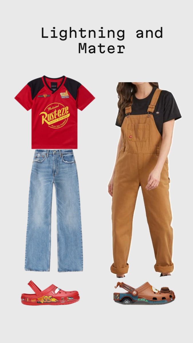 a woman standing next to a pair of overalls and shoes with the words lightning and matter on it